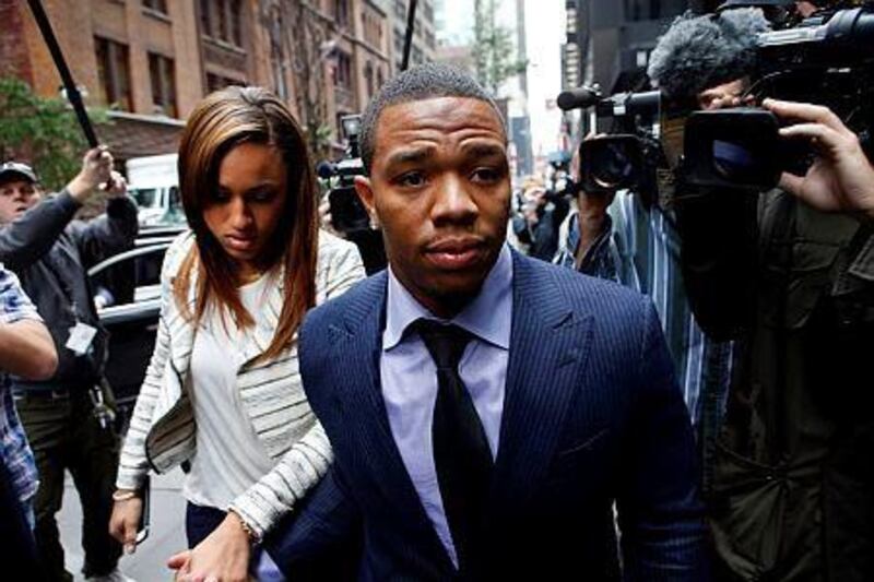 Ray Rice arrives with his wife Janay Palmer for an appeal hearing of his indefinite suspension from the NFL for domestic violence. (AP Photo/Jason DeCrow, File)