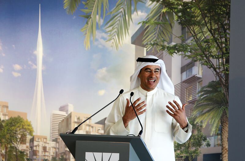 
DUBAI , UNITED ARAB EMIRATES â€“ April 10 , 2016 : Mohamed Alabbar , Chairman of Emaar Properties speaking during the press conference of unveiling of observation tower for Dubai Creek development at Dubai Creek Harbour in Dubai. ( Pawan Singh / The National ) For Business. Story by Michael Fahy.  ID No : 87539 
 *** Local Caption ***  PS1004- DUBAI CREEK04.jpg