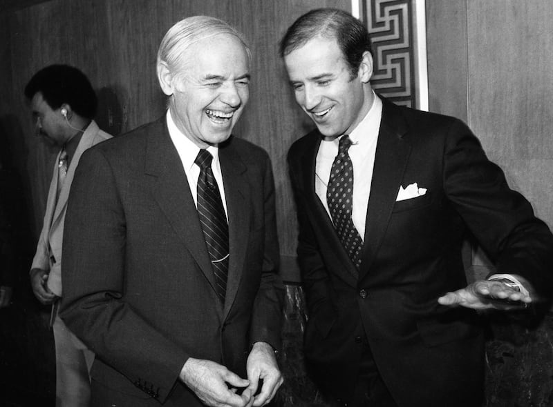 Attorney General William French Smith and Senator Joseph Biden, share a joke shortly before a hearing where Smith outlined the administration's request for an arsenal of new legal weapons against racketeers. (Photo by Bettmann Archive/Getty Images)