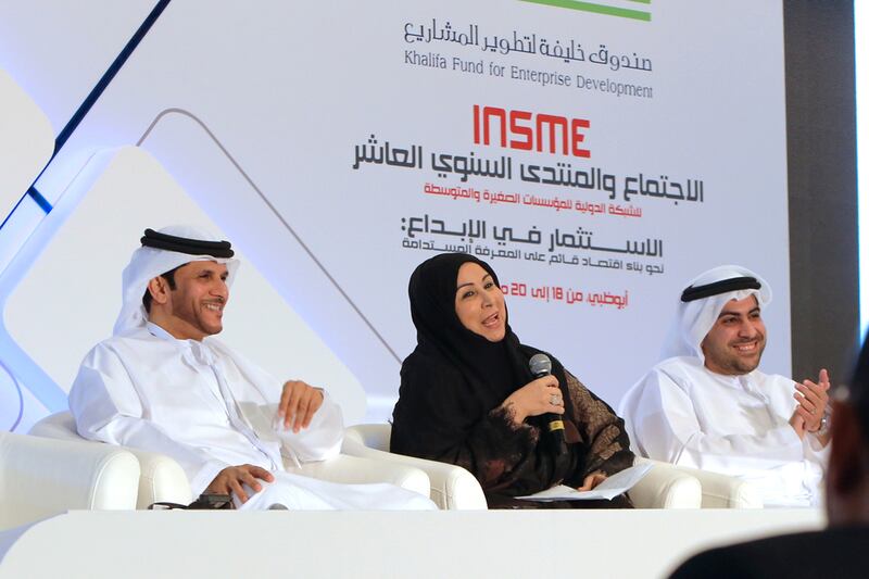 From left: Khaled Al Mazrouei, owner of Subway’s UAE franchise, Najah Al Muntafiq, chief executive of CocoJalila, and Badr Al Olama, chairman of Bidayaat and chief executive of Strata, join the discussions during the 10th INSME annual meeting. Fatima Al Marzooqi / The National