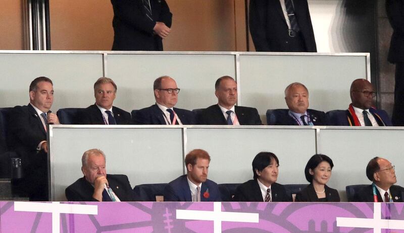 Prince Harry (bottom second left), World Rugby Chairman Bill Beaumont (bottom left), Japan's Crown Prince Akishino (bottom centre) and Albert II, Prince of Monaco (top centre) during the 2019 Rugby World Cup final. PA