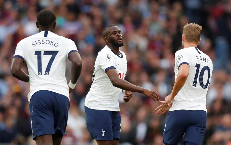 Soccer Football - Premier League - Tottenham Hotspur v Aston Villa - Tottenham Hotspur Stadium, London, Britain - August 10, 2019  Tottenham's Tanguy Ndombele celebrates scoring their first goal with team mates   Action Images via Reuters/Matthew Childs  EDITORIAL USE ONLY. No use with unauthorized audio, video, data, fixture lists, club/league logos or "live" services. Online in-match use limited to 75 images, no video emulation. No use in betting, games or single club/league/player publications.  Please contact your account representative for further details.