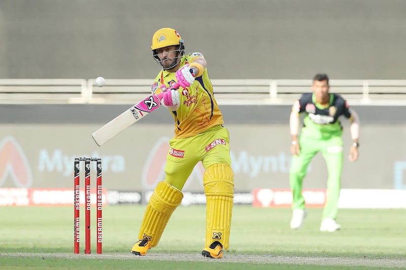 Faf du Plessis of Chennai Superkings during match 44 of season 13 of the Dream 11 Indian Premier League (IPL) between the Royal Challengers Bangalore and the Chennai Super Kings held at the Dubai International Cricket Stadium, Dubai in the United Arab Emirates on the 25th October 2020.  Photo by: Ron Gaunt  / Sportzpics for BCCI