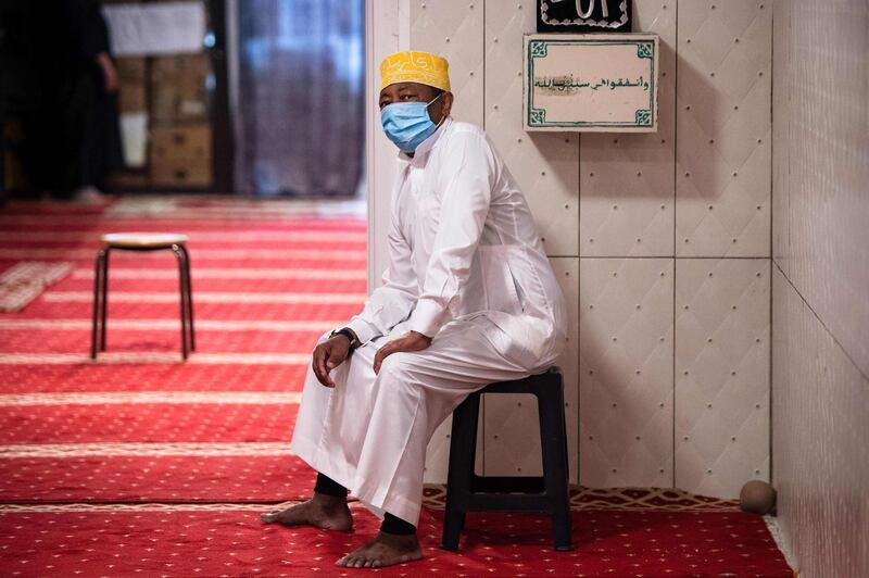 A man wears a protective face mask takes part in a Friday prayer at the Tahara mosque in Marseille southern France. AFP
