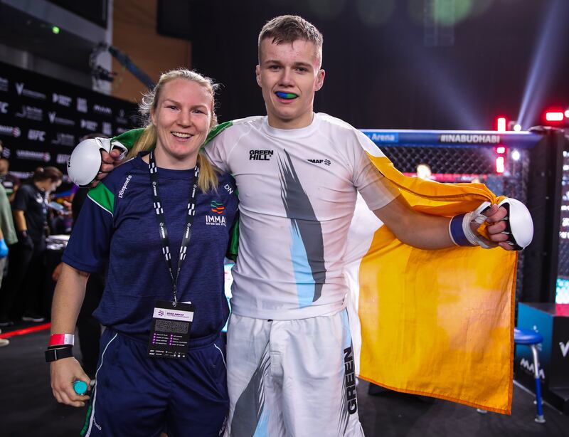 Ryan Dunne of Ireland celebrates with his coach.