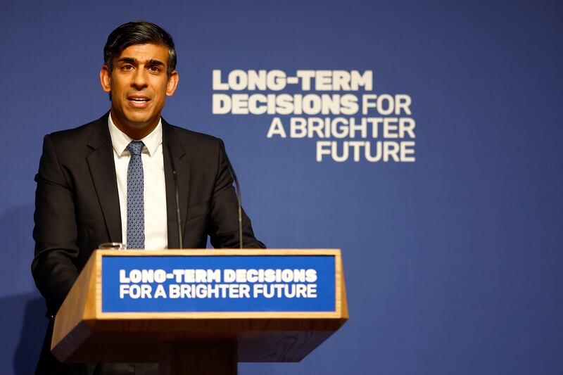 British Prime Minister Rishi Sunak delivers a speech on AI at Royal Society in London last week. Getty Images