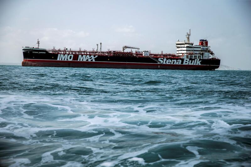 Stena Impero, a British-flagged vessel owned by Stena Bulk, is seen at undisclosed place off the coast of Bandar Abbas, Iran August 22, 2019. Nazanin Tabatabaee/WANA (West Asia News Agency) via REUTERS. ATTENTION EDITORS - THIS IMAGE HAS BEEN SUPPLIED BY A THIRD PARTY.