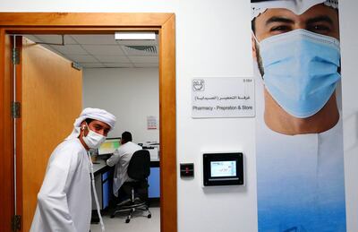 Nursing staff at the pharmacy section at the Mohammed Bin Zayed field hospital in Ras al Khaimah on April 25,2021. Pawan Singh / The National. Story by Shireena