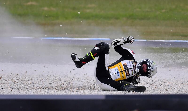 Spain's Moto2 rider Iker Lecuona flies though the gravel after falling from his Kalex during the third practice session for the Australian Motorcycle Grand Prix at Phillip Island near Melbourne, Australia. Andy Brownbill / AP Photo