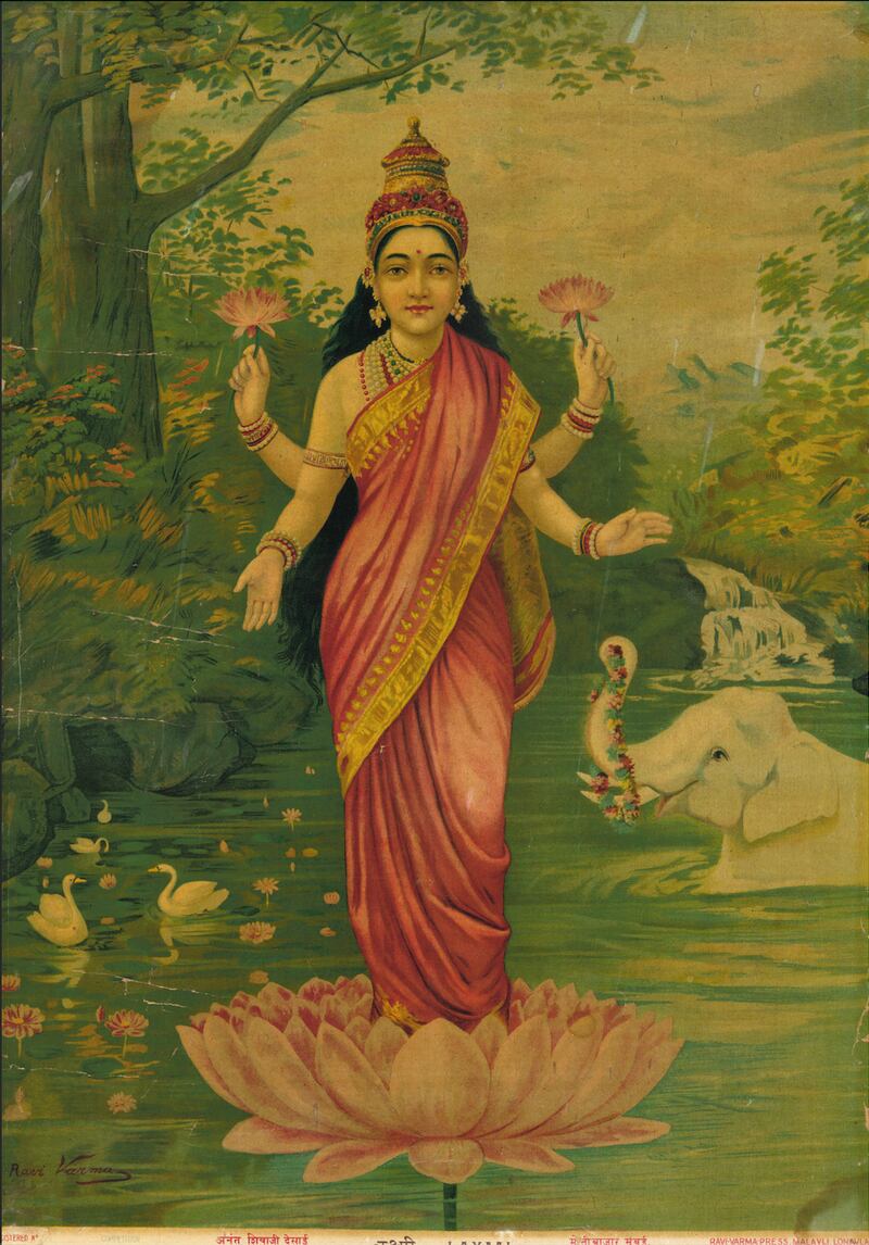 Varma's work in depicting gods and goddesses with human faces, such as Lakshmi here, captured the imagination of the masses. Photo: Raja Ravi Varma Heritage Foundation