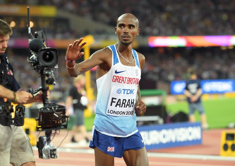 LONDON, ENGLAND - AUGUST 12:  Mo Farah of Great Britain waves to the fans as he walks off the track after finishing second in the Men's 5000 Metres final during day nine of the 16th IAAF World Athletics Championships at the London Stadium on August 12, 2017 in London, United Kingdom.  (Photo by Karwai Tang/WireImage)