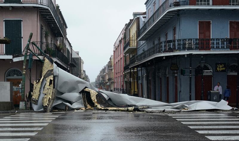 A section of roof that was blown off a building in the French Quarter of New Orleans. AP