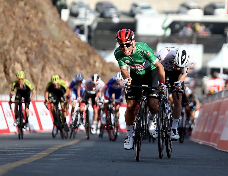 HATTA, February, 24, 2020: Caleb Ewan of Soudal Lotto team approaches the finish line of  the second stage during the UAE Tour 2020 race in Hatta  . Satish Kumar/ For the National/  Story Amit Pasella