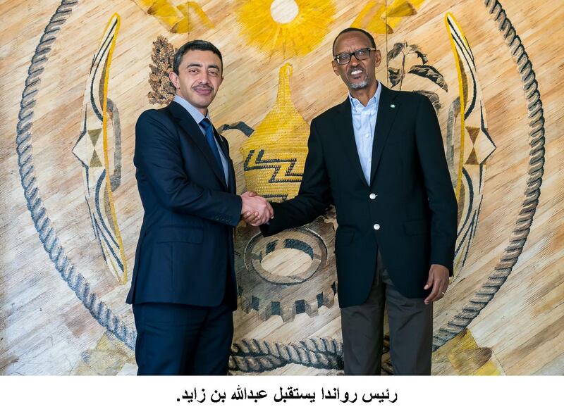 The UAE’s Minister of Foreign Affairs and International Cooperation, Sheikh Abdullah bin Zayed, met Rwanda's President, Paul Kagame, during his Africa visit this month. Saeed Jumoh / WAM