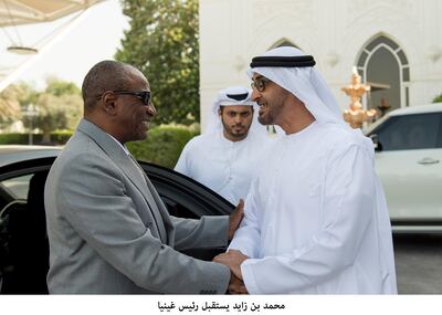 ABU DHABI, UNITED ARAB EMIRATES -August 28, 2017: HH Sheikh Mohamed bin Zayed Al Nahyan Crown Prince of Abu Dhabi Deputy Supreme Commander of the UAE Armed Forces (R), receives HE Alpha Conde President of Guinea (L), during a Sea Palace barza.

( Rashed Al Mansoori / Crown Prince Court - Abu Dhabi )
---