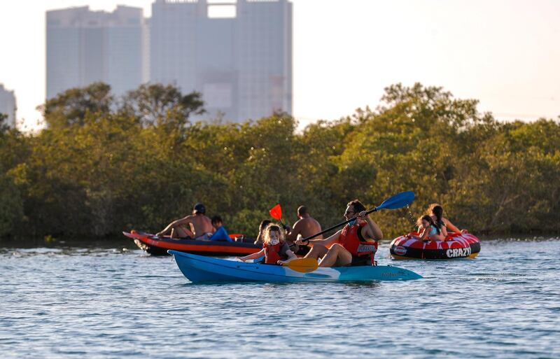 Abu Dhabi, United Arab Emirates, October  21, 2020.   Al Reem Island for area guide.   Kayaking fun at Reem  mangrove area.
Victor Besa/The National.
Section:  NA
Reporter:  Gillian Duncan