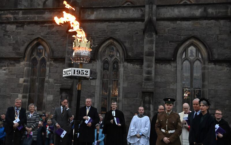 A platinum jubilee beacon is lit after a service of thanksgiving, at St. Macartin's Cathedral Enniskillen, Co. Fermanagh, on day one of Queen Elizabeth II's platinum jubilee celebrations. Reuters