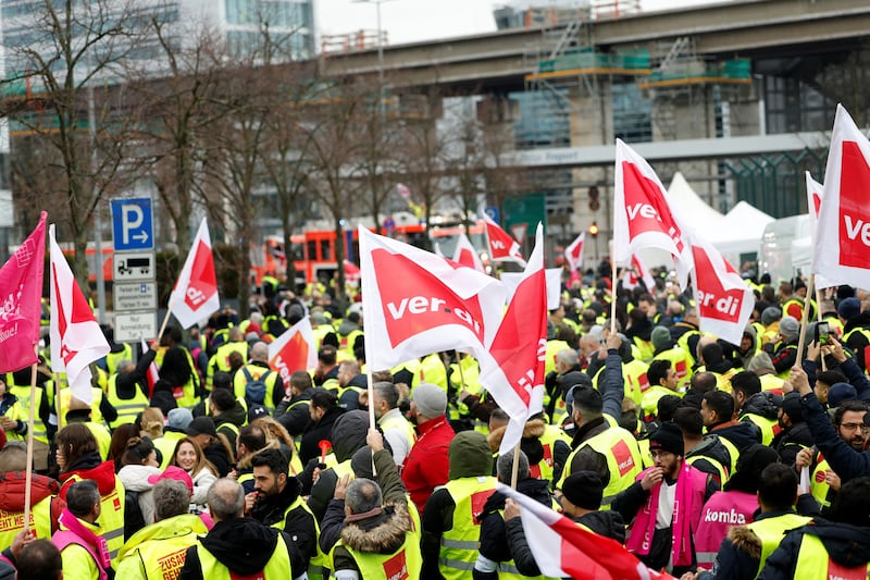 Workers demonstrate in Frankfurt. Reuters