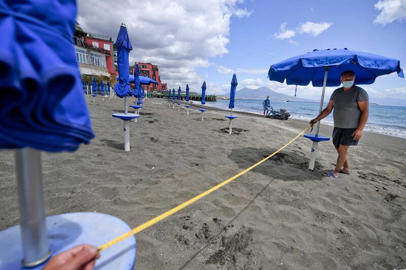Preparations are underway on the beach of Bagno Elena in Naples, Italy, as the historic seaside resort of Posillipo will reopen to the public this weekend. EPA