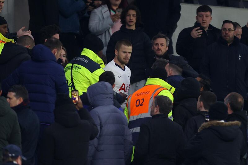 Eric Dier of Tottenham Hotspur is seen speaking to Tottenham Hotspur fans in the stands following his teams defeat in the FA Cup match against Norwich City. Getty