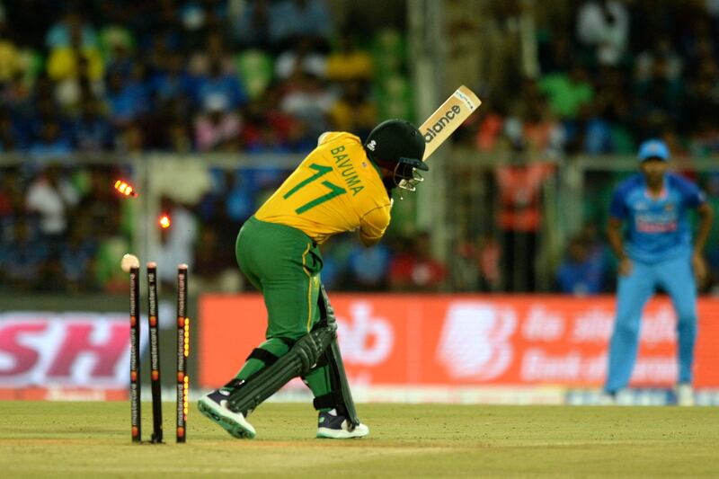 South Africa captain Temba Bavuma is clean bowled. AFP