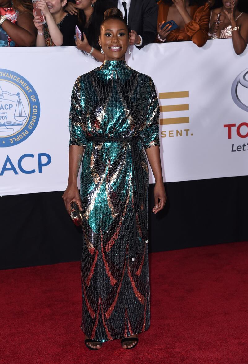 The stunning Issa Rae managed to make turtle neck sequins look immensely stylish in this Marc Jacobs dress. AP / Richard Shotwell