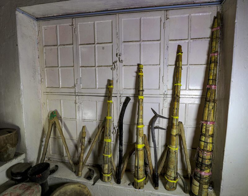 Traditional wazza instruments, right, the qarn instrument made from an animal horn, third left and the affeh, left.