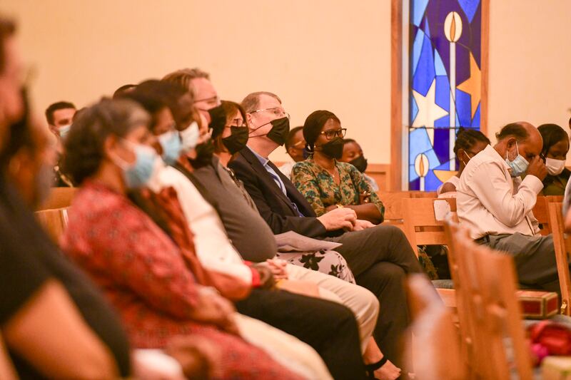 Worshippers during Easter Sunday Mass at St Andrew's, Abu Dhabi. Khushnum Bhandari / The National
