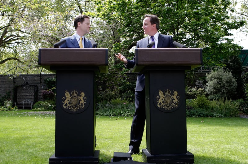 Mr Cameron and Deputy Prime Minister Nick Clegg of the Liberal Democrats hold their first joint press conference in the Downing Street garden in May 2010. The Conservatives and Liberal Democrats agreed to lead the country in a coalition government