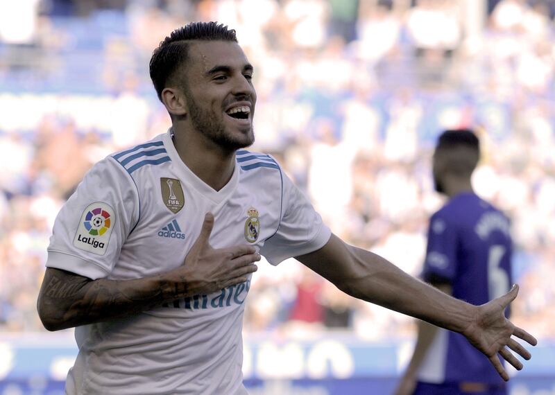 Real Madrid's midfielder from Spain Daniel Ceballos celebrates after scoring his team's secondd goal during the Spanish league football match Deportivo Alaves vs Real Madrid CF at the Mendizorroza stadium in Vitoria on September 23, 2017.  / AFP PHOTO / ANDER GILLENEA