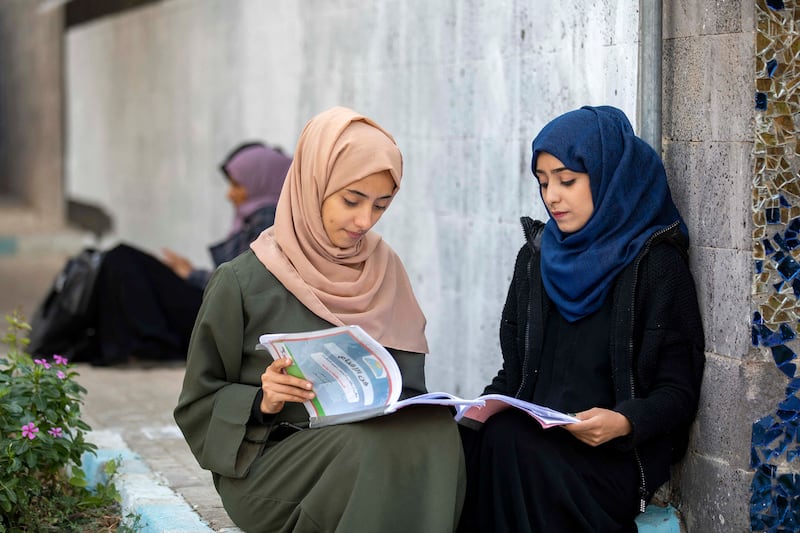 Yemeni women at a university in Taiz. But the Houthis are limiting female rights. AFP