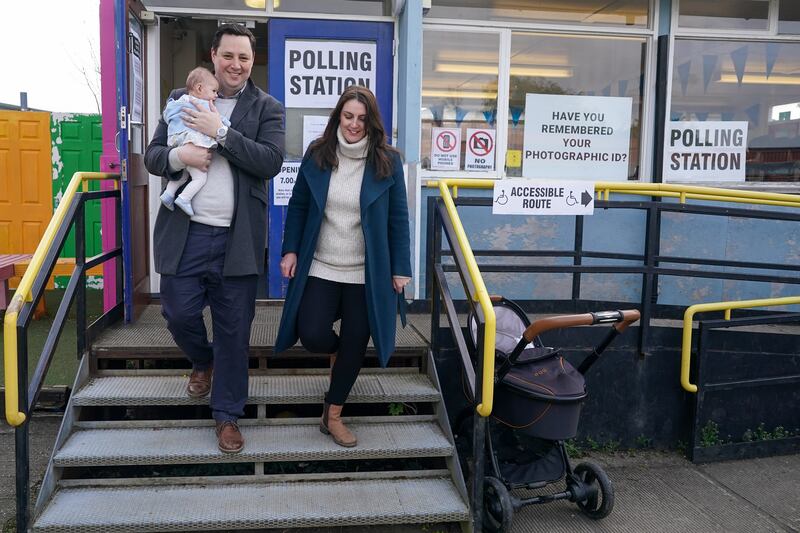 Tees Valley Mayor Ben Houchen, with his wife Rachel and baby daughter Hannah, leave a polling station after voting in Yarm, England. Getty Images