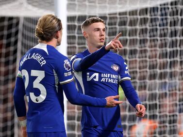 Soccer Football - Premier League - Chelsea v Everton - Stamford Bridge, London, Britain - April 15, 2024  Chelsea's Cole Palmer celebrates scoring their fifth goal with Conor Gallagher Action Images via Reuters/Andrew Couldridge NO USE WITH UNAUTHORIZED AUDIO, VIDEO, DATA, FIXTURE LISTS, CLUB/LEAGUE LOGOS OR 'LIVE' SERVICES.  ONLINE IN-MATCH USE LIMITED TO 45 IMAGES, NO VIDEO EMULATION.  NO USE IN BETTING, GAMES OR SINGLE CLUB/LEAGUE/PLAYER PUBLICATIONS. 