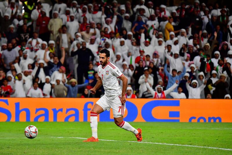 UAE forward Ali Mabkhout scores during the 2019 AFC Asian Cup quarter-final football match between UAE and Australia at Hazza bin Zayed Stadium in Al Ain.  AFP