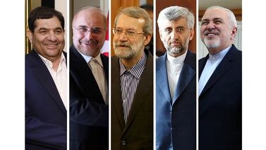 Photo composite (L-R) Mohammad Mokhber, Mohammad Bagher Ghalibaf, Ali Larijani, Saeed Jalili and Mohammad Javad Zarif. Photos: AFP, Reuters, AP Photo