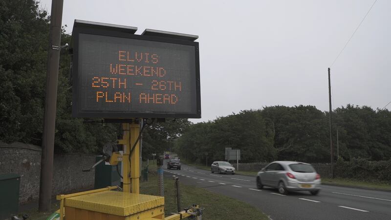 Plan ahead: A sign at the edge of Porthcawl in South Wales alerts motorists to the Elvis festival taking place.