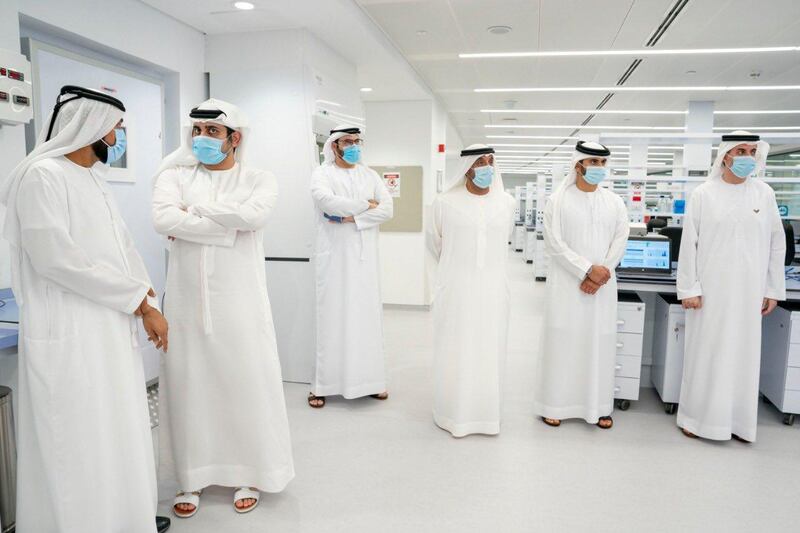 Sheikh Maktoum bin Mohammed, Deputy Ruler of Dubai, Sheikh Mansoor bin Mohammed, Sheikh Ahmed bin Saeed, president of Dubai Civil Aviation Authority and chief executive of Emirates Group, and Mohammed Al Gergawi, Ministry of Cabinet Affairs and the Future, tour the Mohammed bin Rashid Medical Research Institute on Tuesday. Courtesy: Dubai Media Office