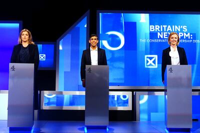 Conservative Party candidates, including, from left, Penny Mordaunt, Rishi Sunak and Liz Truss, will face off in another TV debate this weekend. PA. 