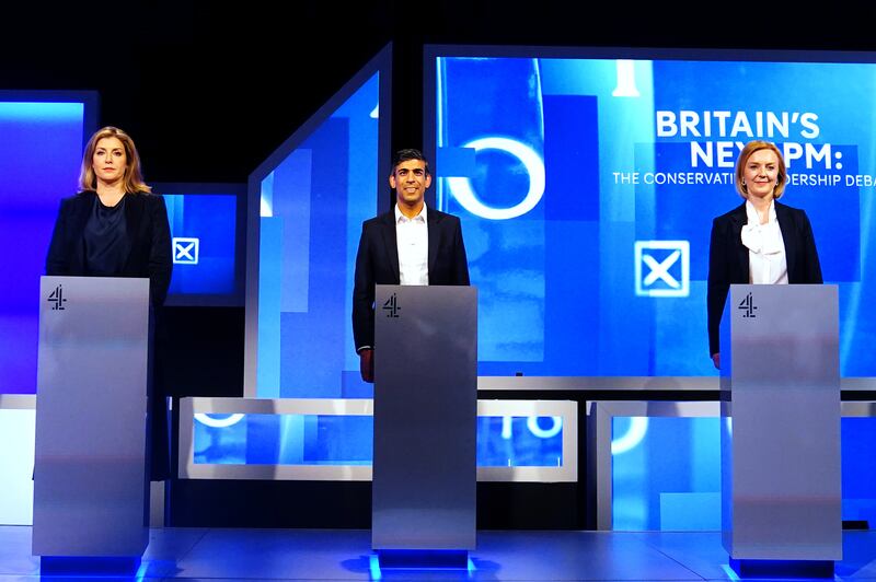 From left to right, Penny Mordaunt, Rishi Sunak and Liz Truss at Here East studios in Stratford, east London, before the live television debate for the candidates for leadership of the Conservative Party, hosted by Channel 4. PA