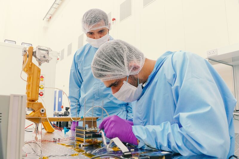 Emirati engineers test parts of the Rashid rover, which will be sent to the Moon in 2022. Photo: MBRSC