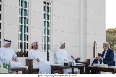 Sheikh Mohamed bin Zayed, Crown Prince of Abu Dhabi and Deputy Supreme Commander of the Armed Forces, meets John Kerry, US special presidential envoy for climate at Al Shati Palace. Mohamed Al Hammadi / Ministry of Presidential Affairs.