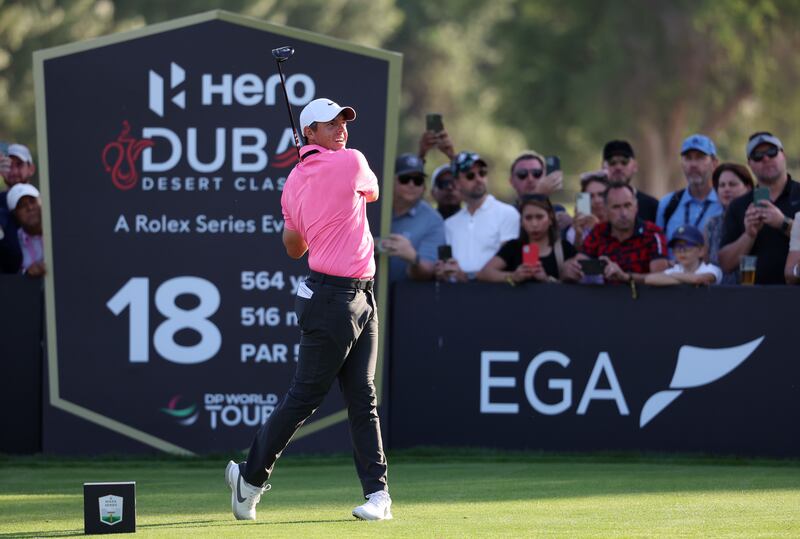 Rory McIlroy tees-off on the 18th hole during Round 3 of the Hero Dubai Desert Classic at Emirates Golf Club on January 29, 2023. The Northern Irishman finished the day with a three-shot lead. Getty