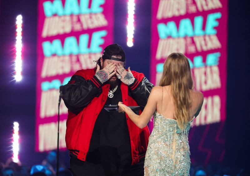 Jelly Roll reacts as he accepts the Best Male Video of the Year Award. Reuters