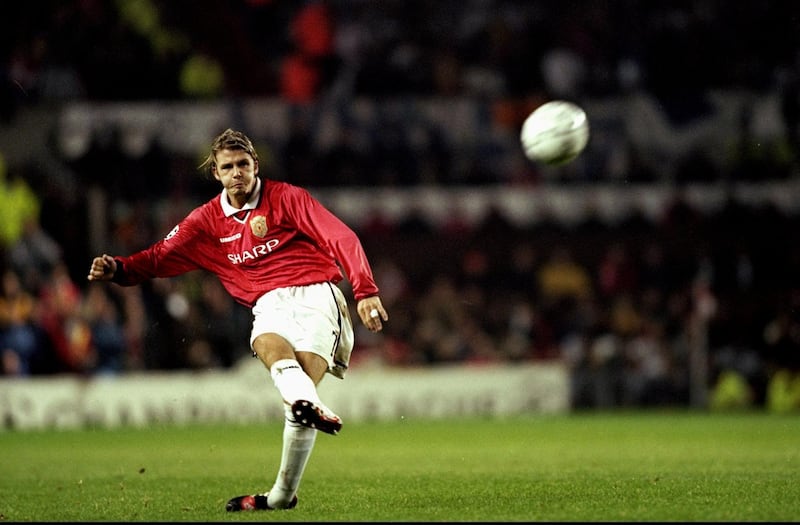 29 Sep 1999:  David Beckham of Manchester Utd in action during the UEFA Champions League Group D match between Manchester United and Olympique Marseille played at Old Trafford, Manchester, England. The game finished in a 2-1 win for European Cup holdersManchester United. \ Mandatory Credit: Michael Steele /Allsport