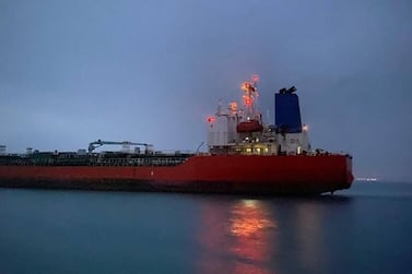 The South Korean-flagged tanker Hankuk Chemi leaves the Iranian port of Rajai near Bandar Abbas on April 9, 2021. South Korean Foreign Ministry / AFP