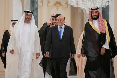 epa07975133 A handout photo made available by the United Arab Emirates Ministry of Presidential Affairs shows Crown Prince of Abu Dhabi and Deputy Supreme Commander of the UAE Armed Forces Sheikh Mohammad bin Zayed Al Nahyan (L), Saudi Crown Prince Mohammed bin Salman (R) and Yemeni President Abedrabbo Mansour Hadi (C) arriving to witness the signing of the Riyadh Agreement between the Southern Transitional Council and the Yemeni government, in Riyadh, Saudi Arabia, 05 November 2019. The Yemeni government and the Southern Transitional Council (STC) signed a power-sharing deal that includes giving STC representation in the government, and allowing Yemeni prime minister to assume his duties from Aden. EPA/Hamad Al Kaabi / UAE Ministry of Presidential Affairs HANDOUT HANDOUT EDITORIAL USE ONLY/NO SALES