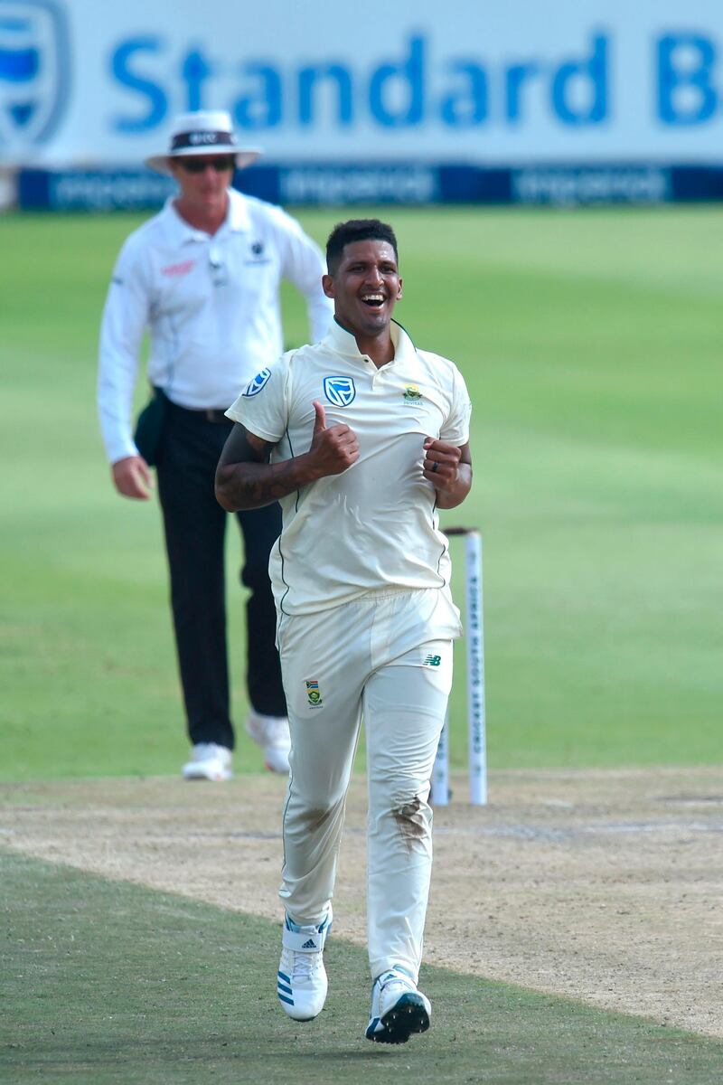 South Africa bowler Beuran Hendricks celebrates the dismissal of England's Ben Stokes. AFP