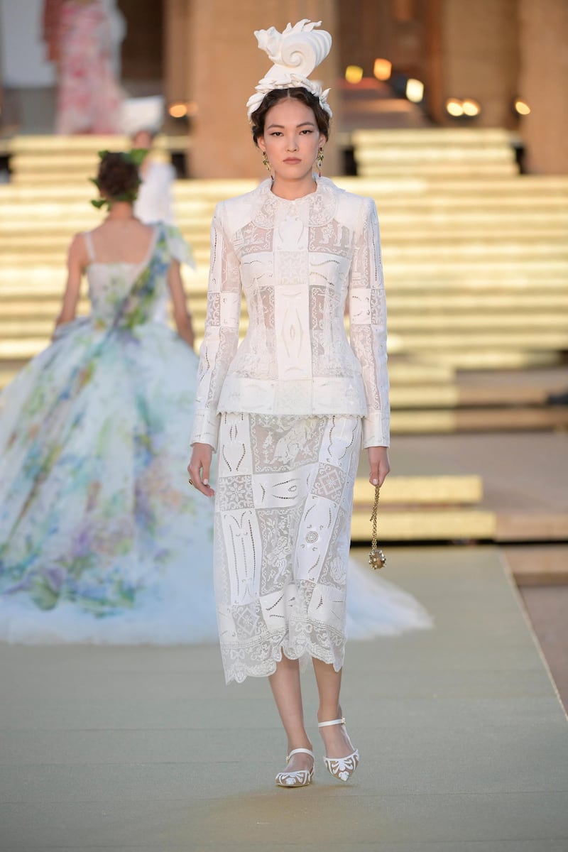 An all-white look from Dolce & Gabbana's Alta Moda collection, shown in Sicily on July 5. Courtesy Dolce & Gabbana