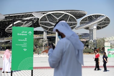 The Sustainability Pavilion and the 'solar trees' at Expo 2020 Dubai. Pawan Singh / The National