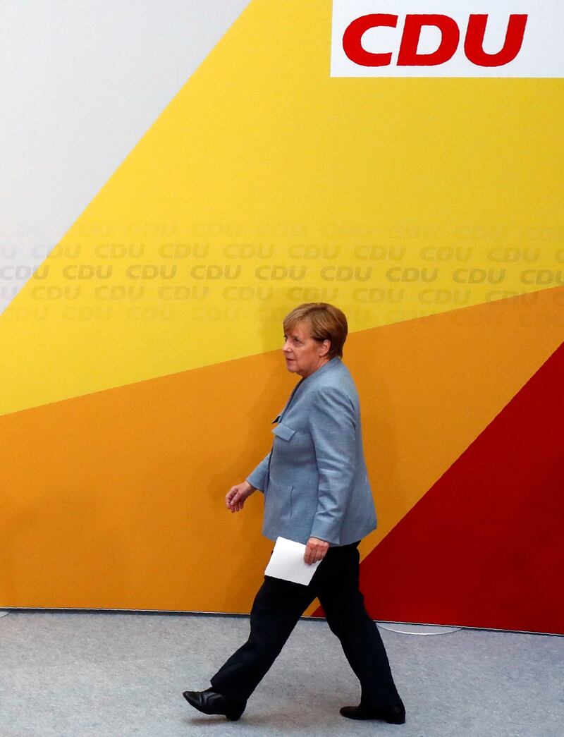 Christian Democratic Union CDU party leader and German Chancellor Angela Merkel attends a news conference at the CDU party headquarters, a day after the general election (Bundestagswahl) in Berlin, Germany September 25, 2017.   REUTERS/Fabrizio Bensch